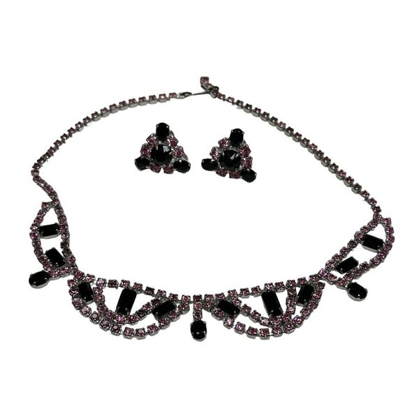 Fashion Jewelry Black and Pink Rhinestone Necklace and Screw Back Earrings - Picture 1 of 14